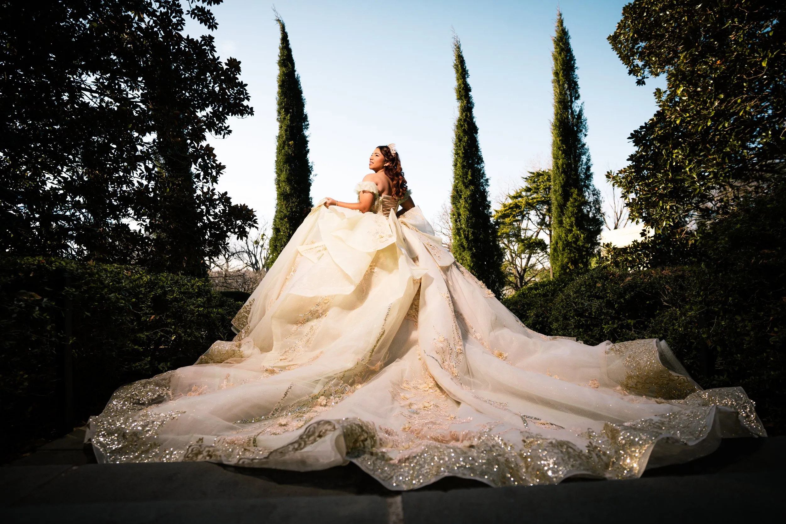 Quinceañera in a sparkling ball gown posing among cypress trees – Dallas quinceañera photographer Rony Lanza